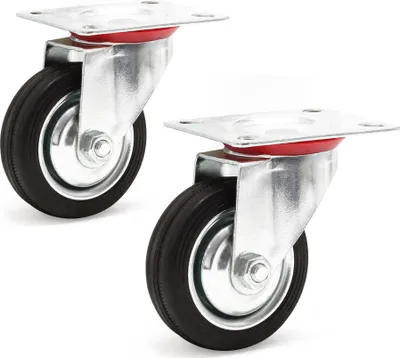 Produktbild von Wiltec Lenkrollen Set 2x Transportrolle mit Vollgummirad Ø75mm bis 50kg pro Rad mit Metallfelge und Anbauplatte, leiser Lauf, Transportrollen Möbelrollen Laufrollen