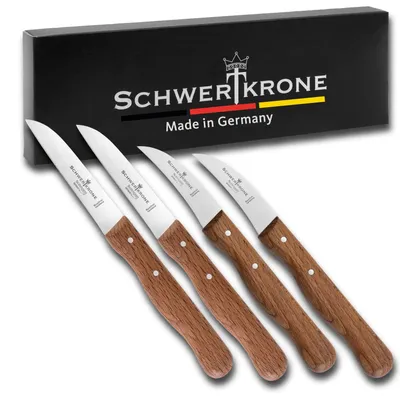 Produktbild von Schwertkrone 2er- oder 4er-Set gebogene Vogelschnabel- und gerade Gemüsemesser mit Buchenholzgriff, rostfrei