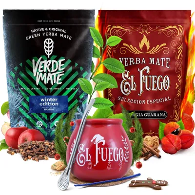 Produktbild von Verde Mate & El Fuego - Yerba Mate Tee Set Winter Edition Energia Guarana 2x500g - Becher Keramik 300ml - Bombilla - Luftgetrocknet Mild & Rauchig