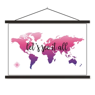 Produktbild von MuchoWow® Textilposter Weltkarte - Rosa - Kompass 90x60 cm mit schwarzem Rahmen - Aufhängungssatz