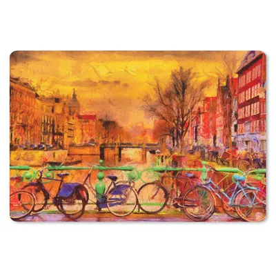Produktbild von MuchoWow® Schreibtischunterlage Gemälde - Fahrrad - Amsterdam - Gracht - Öl 60x40 cm - XXL Mauspad - Großes Mauspad