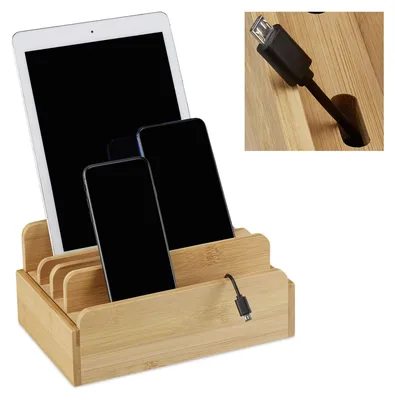 Zdjęcie produktu dla Stojak na telefon ładowarka bambusowa - Organizer na kable - Dla 6 urządzeń - Naturalny - 10 x 22,5 x 15 cm