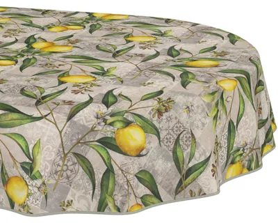 Produktbild von Tischdecke 140x280cm Oval Grau abwaschbar Madrid Stoff Premium Mediterran Zitrone mit Saumkante