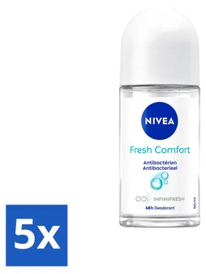 Imagen del producto de 5 unidades de desodorante roll-on NIVEA Fresh Comfort, 50 ml cada uno. Paquete económico