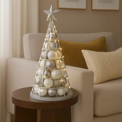 A decorative Christmas tree on a side table next to a sofa.