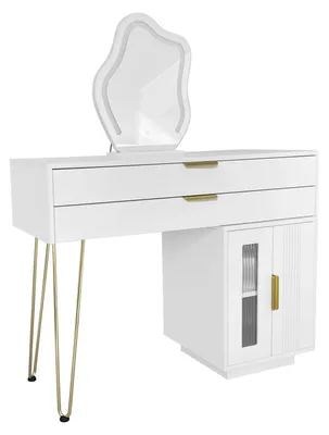 Produktbild von Schminktisch - LED-Spiegel - 2 Schubladen - Flexibler Seitenschrank - 100 × 40 × 78 cm - Ohne Hocker - Weiß
