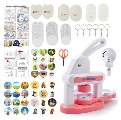A collage of images showing a button maker machine and various components and examples of finished buttons.