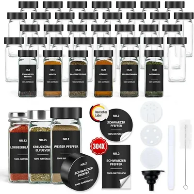 Image de Ensemble de pots à épices - 36 pièces - 120 ml par pot - Verre - Bouchons en plastique noir hermétiques - Étiquettes, entonnoir et brosse de nettoyage