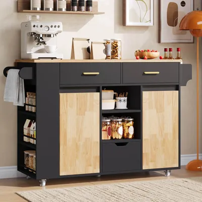 Produktbild von MODFU Kücheninsel 120 x 45 x 90 cm, Servierwagen mit klappbare Erweiterungsplatte, Klapptisch mit 3 Schubladen und Stauraum,Küchenwagen mit 360° Rollen,Schwarz