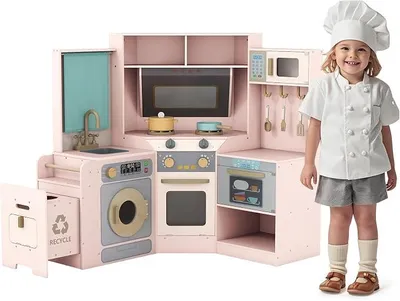Imagen del producto de Cocina de juguete de madera Eck, con luces y sonido, incluye cubo de basura, fregadero, hornilla, horno, microondas y lavadora, además de 11 accesorios y cortinas, para niños a partir de 3 años (rosa)