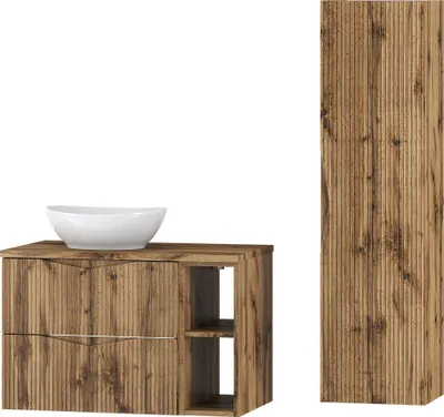 Produktbild von Badmöbel-Set 2-teilig mit 80 cm Waschtisch in Eiche mit gerillter Front - CALURI-140