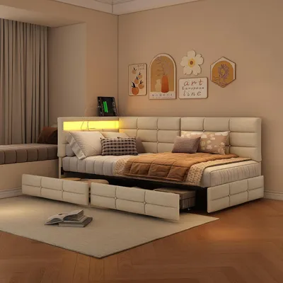 Zdjęcie produktu dla Łóżko tapicerowane 140x190 cm, kolor beżowy, z podświetleniem LED, portem USB, funkcją sofy, idealne dla młodzieży, z dwoma szufladami do przechowywania, stelażem, pościelą (bez materaca)