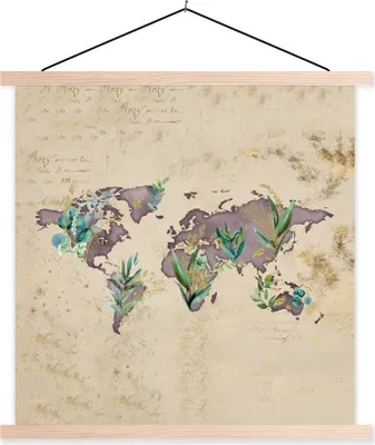 Produktbild von MuchoWow® Textilposter Weltkarte - Vintage - Gold 40x40 cm mit holzfarbenen Rahmen - Posterleiste