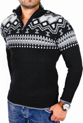 Produktbild von Reslad Herren Strickpullover Crewneck Zipper Norweger Pullover RS-3110 Schwarz M