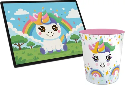 Produktbild von itenga Papierkorb mit Schreibunterlage KAWAII Motiv EINHORN Set