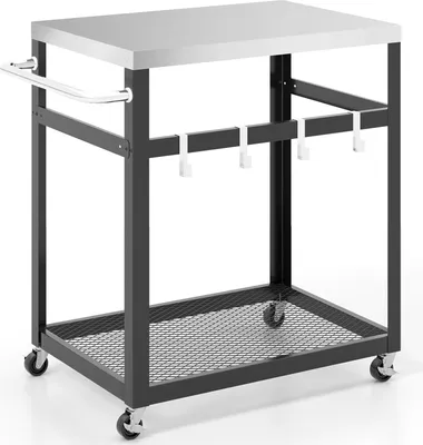 Produktbild von GOPLUS Grillwagen, BBQ Beistellwagen mit Edelstahl-Tischplatte, 2 Ebenen & Haken, Grilltisch mit Rollen, Grill Beistelltisch Garten Trolley für Outdoor & Garten, Silber(2 Ebenen)