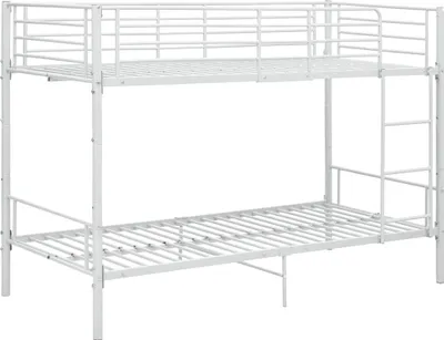 A white metal bunk bed.