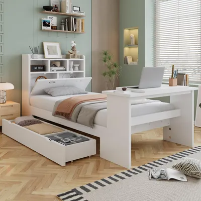 Produktbild von Kinder Einzelbett Jugendbett mit Stauraum, Bettgestell mit Kopfteilregal, ausziehbarer Schublade und verstellbarem Klapptisch, 90x200