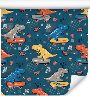 Immagine prodotto di 10m VLIES WALLPAPER rotolo asilo nido dinosauri skateboard frutta colorata XXL
