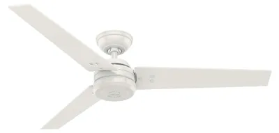 A white ceiling fan with three blades against a white background.