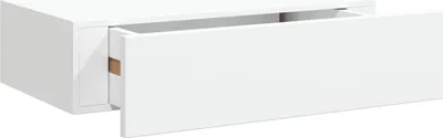 A white wall-mounted shelf with one drawer partially open, shown against a white background.