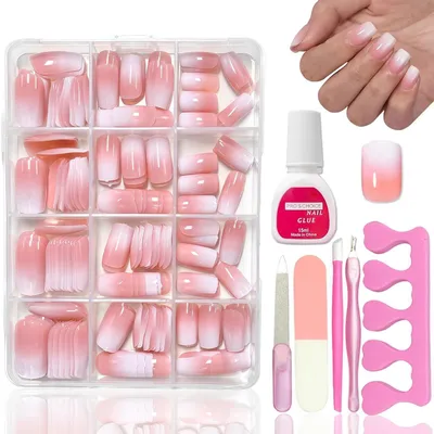 Productafbeelding van Kunstnagels set, 360 stuks, nude roze kleurverloop, wit, kort, vierkant, zelfklevend, volledig dekkende, nagels die je kunt opplaten