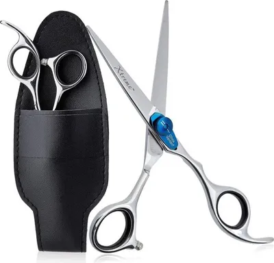 A pair of professional hair shears and a sleeve are displayed against a white background.