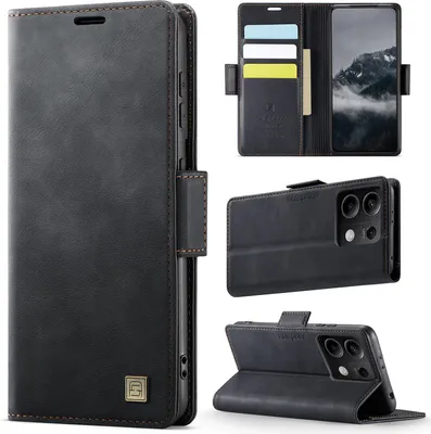 Image de Étui en cuir pour Xiaomi Redmi Note 13 5G, protection RFID, fermeture magnétique, fentes pour cartes et support Noir