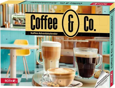 A close-up of an advent calendar box featuring coffee cups and the text 'Coffee & Co.'