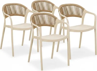 Immagine prodotto di Set di 4 sedie da giardino in polipropilene con fibra di vetro e schienale in corda intrecciata, sedie impilabili resistenti alle intemperie per giardino, terrazza, balcone, bar e ristorante – Jolanda – Crema