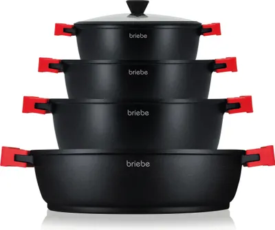 Produktbild von Briebe BLACKT4B Kochtopf Set Induktions 8-Teilig Aluminiumguss 4 Kochtöpfen 4 Glasdeckel Schwarz