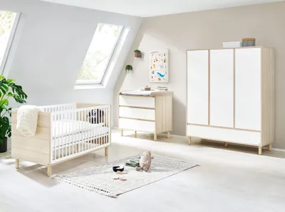Produktbild von Babyzimmer Kombination inkl. Wickelaufsatz abnehmbar FERRARA-134 in weiß mit Esche Nachbildung
