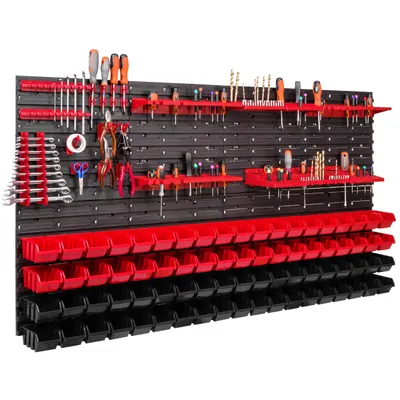 Zdjęcie produktu dla Panel narzędziowy naścienny 156 x 78 cm z 76 szt. Wiszące pudełka z zestawem plastikowych uchwytów
