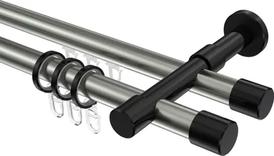 Produktbild von Interdeco Rundrohr-Innenlaufstange / Gardinenstange (Kombination) Edelstahl-Optik / Schwarz, Typ Prestige Santo (Kappe), 20 mm Ø 2-läufig, 420 cm