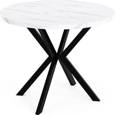 Produktbild von Runder Ausziehbarer Esstisch in Weißer Marmoroptik - Loft Style Tisch mit Metallbeinen - 100 bis 180 cm - Industrieller Tisch für Wohnzimmer - Spacesaver - Marmor Weiß - 100 cm
