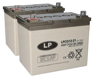 Two cream-colored batteries with gray tops and black terminals are shown against a white background.