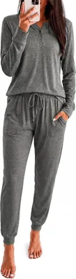 Immagine prodotto di Pigiama da donna a maniche lunghe e pantaloni lunghi, ideale per l'inverno, in cotone, colore grigio, taglia L
