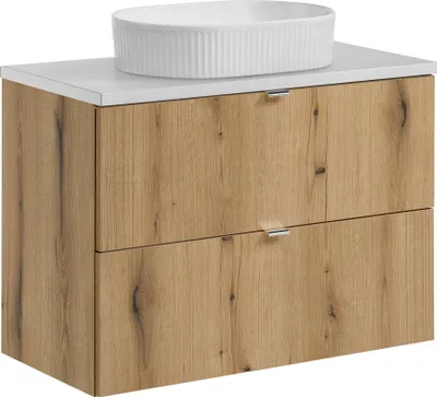 Zdjęcie produktu dla Szafka Łazienkowa 80 Cm Z Białym Blatem I Umywalką Nablatową Dąb