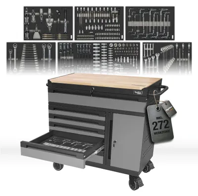 Produktbild von Mephisto Werkstattwagen „TWIN“ Industrial Line mit mit 6 Schubladen und 272-teiligem Werkzeugsatz inkl. Holzabdeckung