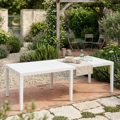 Produktbild von Gartentisch Dmanz, Rechteckiger ausziehbarer Esstisch, ausziehbarer Gartentisch in Rattan-Optik, 100 % Italy, 150x90h72 cm, Weiß