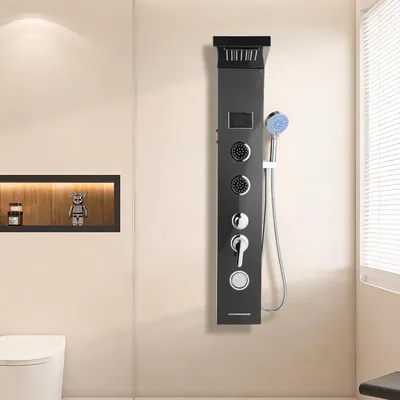 Immagine prodotto di Sistema doccia Vigevee nero con soffione a pioggia, doccetta e funzione massaggio