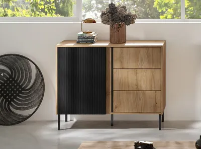 Produktbild von Kommode 5 MIA 100 cm mit geriffelte Fronte mit Schubladen und Türen Sideboard Metallbeine Ewige Eiche / Schwarz