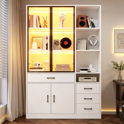 Produktbild von Hochschrank mit Glasvitrine & LED 120x35x200cm Weißer Bücherschrank mit 13 Stauraumbereichen 4 Schubladen & Türen Vitrinen Aufbewahrungsschränke