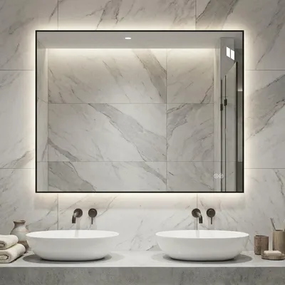 Produktbild von LED Badezimmerspiegel 70x90cm Aluminiumrahmen, hinterleuchtet antibeschlag, 3 Lichtfarben dimmbar mit Memory, 5mm kupferfreier Spiegel