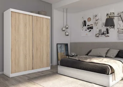 Produktbild von AGMAT Schwebetürenschrank Inari, Kleiderschrank mit 2 Türen, Moderne Garderobe in Farbe: Weiß, Schrank in Größe: 160 x 216 x 61 cm