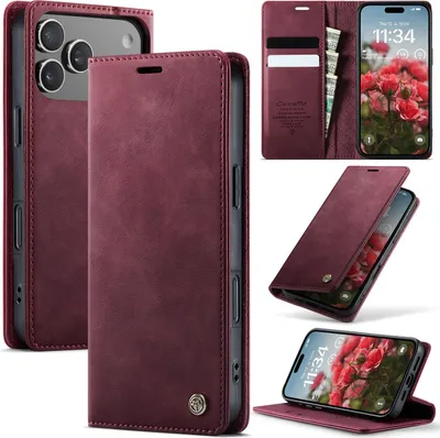 Obrázek produktu pro Kožené pouzdro pro iPhone 17 Pro, RFID ochranou, magnetickým zavíráním, přihrádkami na karty a funkcí stojánku Červený