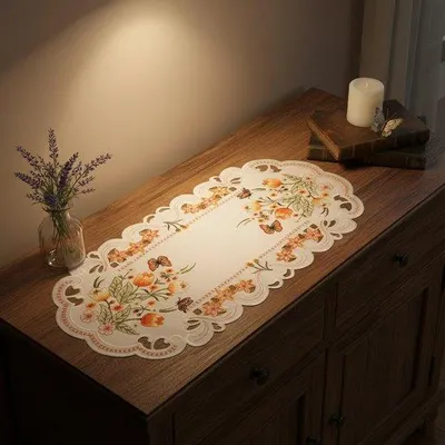 Image de Rouleau de nappe - 35 x 70 cm - Blanc - Motif floral brodé - Décoration de table