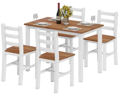 Image de Ensemble de salle à manger en bois de pin, comprenant une table et 4 chaises. Couleur : marron et blanc