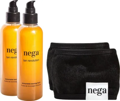 Obrázok produktu pre Darčeková sada na opaľovanie: 2×150 ml fluid + 2× bavlnená čelenka, prírodná starostlivosť, vegánska sada – 2xNegatanpaket-crni