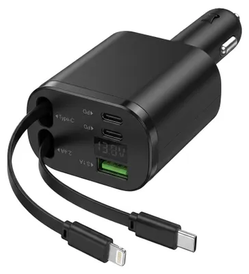 5-in-1 Autolader 100 W, USB-C PD 3.0, einziehbare Kabel, digitales Display